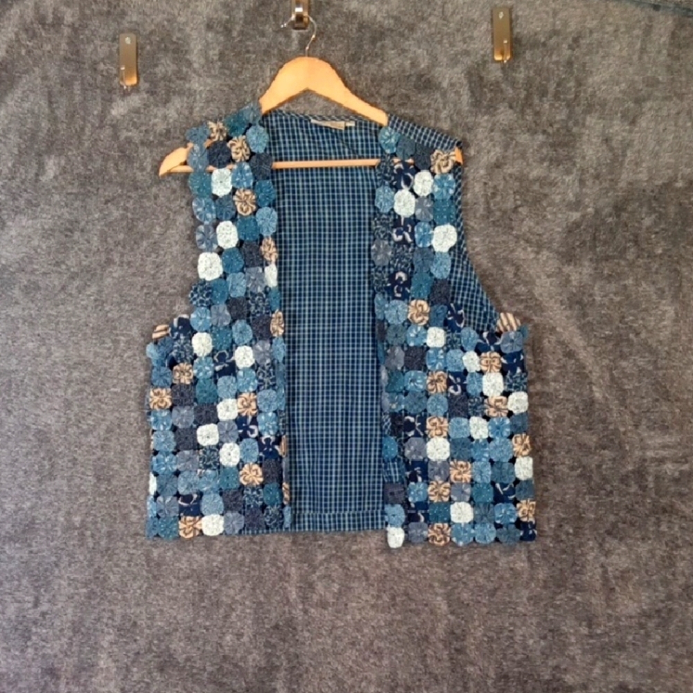 Susan Bristol Blue Patchwork Flowers Vintage Cottagecore Festival Vest Womens L